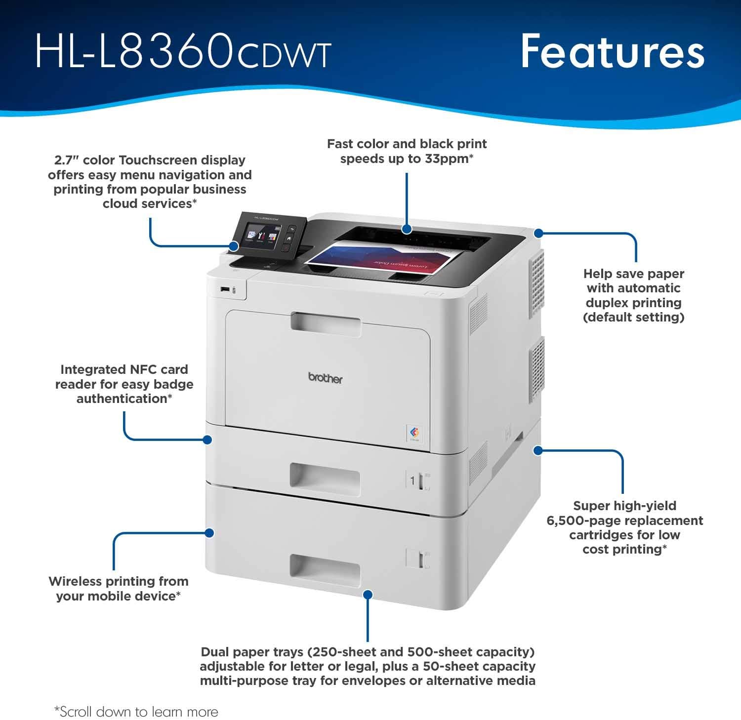Brother Business Color Laser Printer, HL-L8360CDWT, Wireless Networking, Automatic Duplex /Mobile/ Cloud Printing,  Dash Replenishment Ready - Image 2